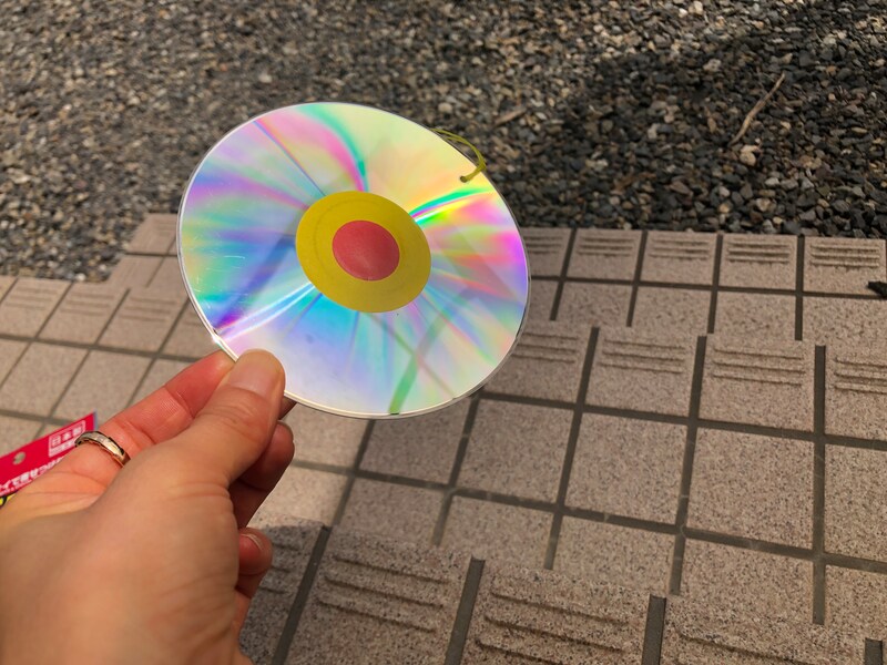 ダイソーの「鳥よけCD」は太陽の光を反射してピカッと光る
