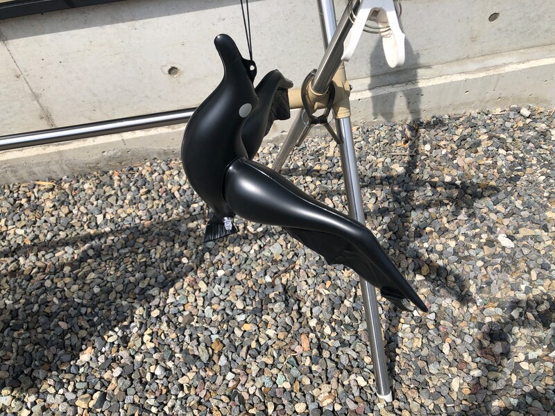 ダイソーの「鳥よけ ビニールカラス」はひも付きで、ぶら下げやすい