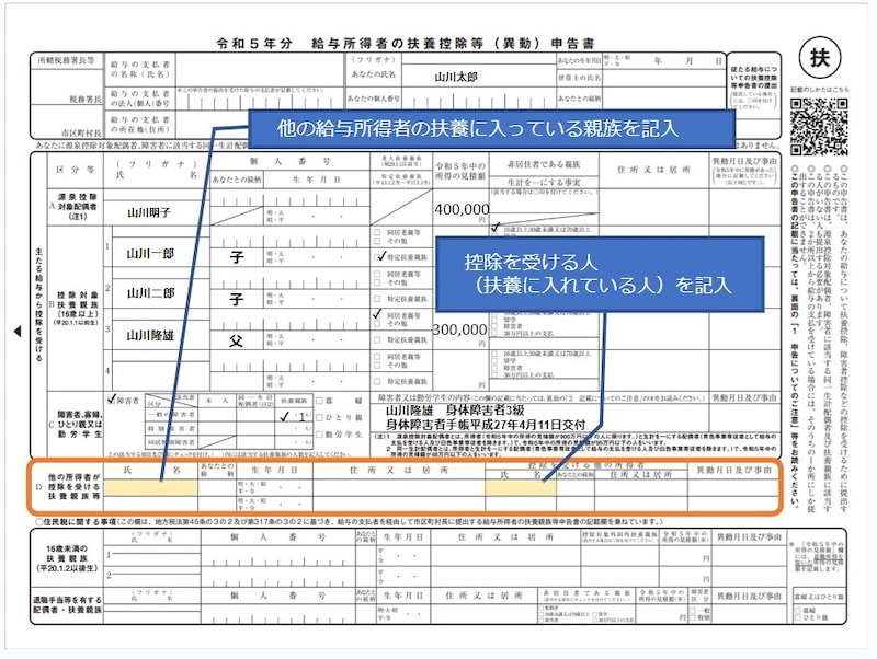 他の給与所得者の扶養に入っている親族の記入欄