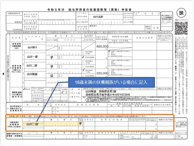 16歳未満の扶養親族の記入欄