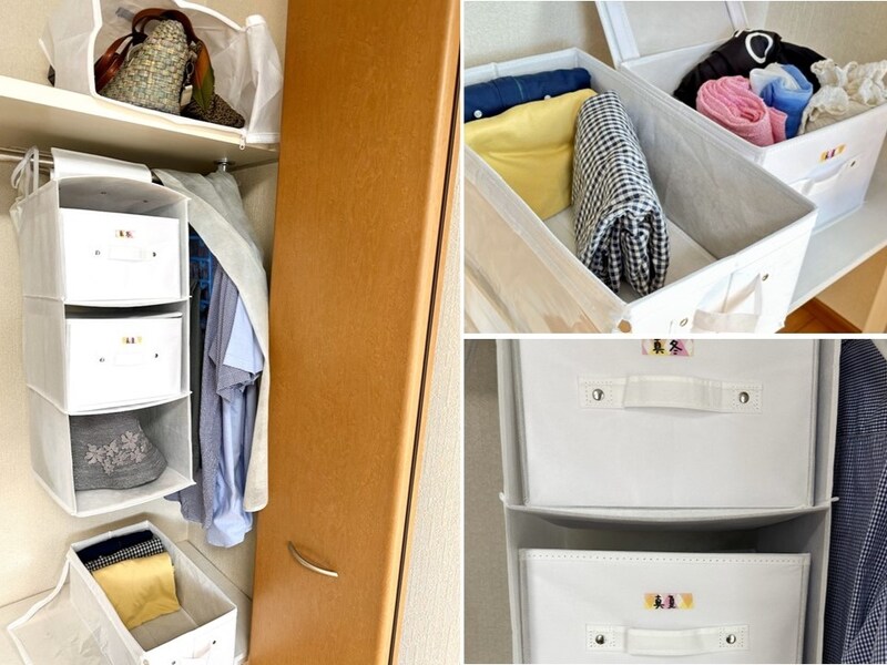 秋や春に登場する「順繰りぽいぽい箱」たち。余裕があればクローゼット内に、無ければその脇に!(左)夏小物を使わなくなった端から、型崩れしやすいシャツは「自立するたたみ方」でポイ!(右上)。「真夏」と「真冬」小物の箱を作ると衣替えの時にラクです(右下)。