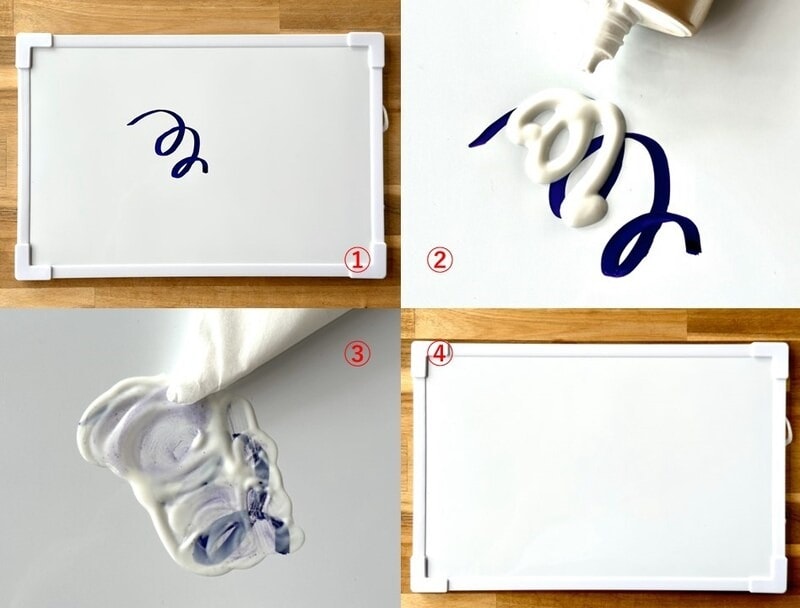 ホワイトボードに描いた油性マジックの線（1）に残った日焼け止めクリームを塗って（2）、ティッシュでごしごし擦って拭き取る（3）と、元の真っ白なボード（4）に戻りました。