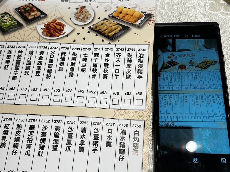 カメラによる翻訳例(メニュー)