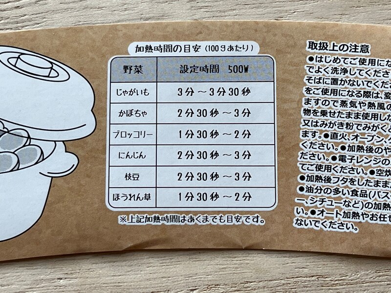 セリアの「レンジ蒸器」での加熱時間の目安