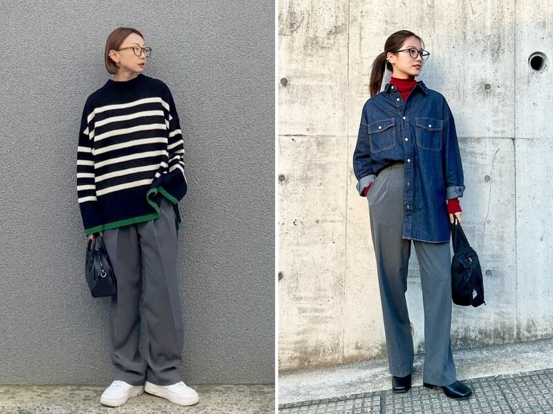 グレーの「タックワイドパンツ」コーデ