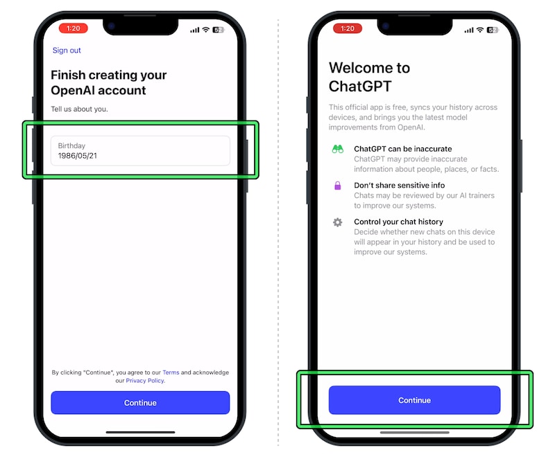 生年月日を入力して登録を続け、最後に「Continue」をタップ
