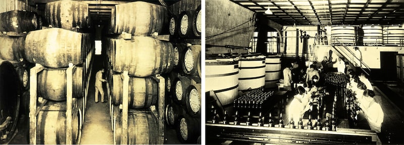 左／戦前の山崎蒸溜所貯蔵庫、右／戦前の瓶詰め、ラベル貼り作業