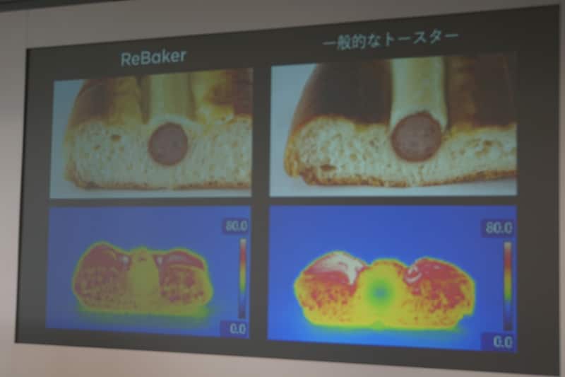 一般的なトースター（写真右側）で焼いたものと、ReBakerで焼いたものの違い（筆者撮影）