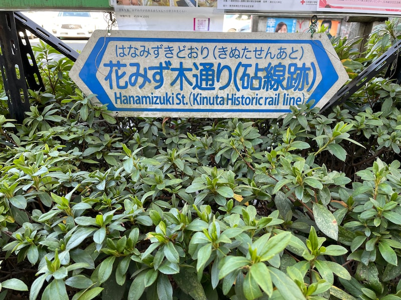 まずは、「花みず木通り（砧線跡）」と記された標識に注目