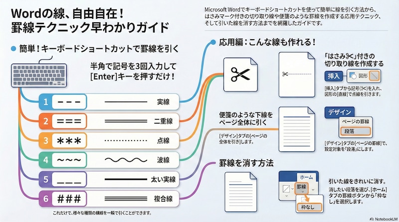 ワード（Word）で点線や波線などの罫線を引く方法と消す方法を解説