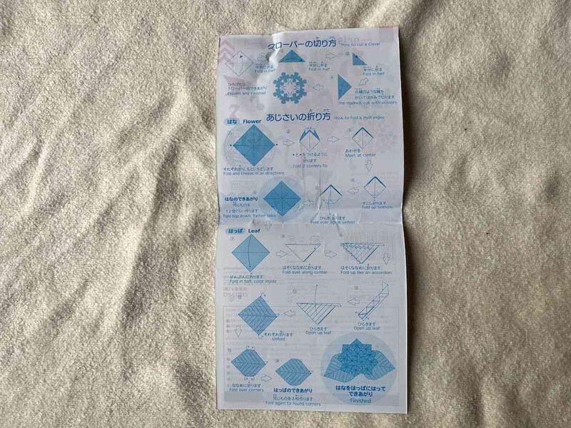 パッケージの裏側には、クローバーの切り方とあじさいの折り方が書かれている