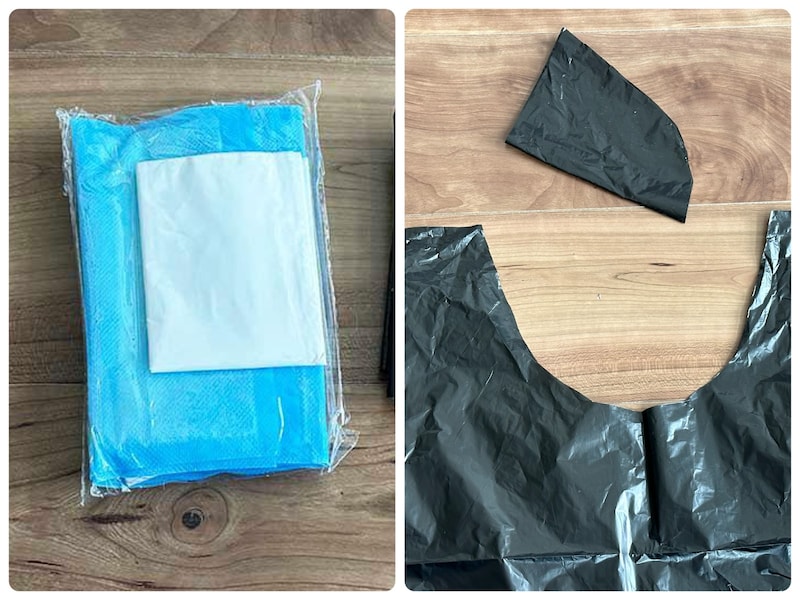 携帯トイレと頭を出せるようにカットしたごみ袋