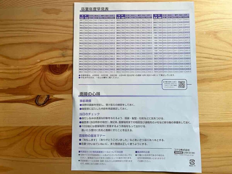 卒業年度早見表や面接の心得も記載