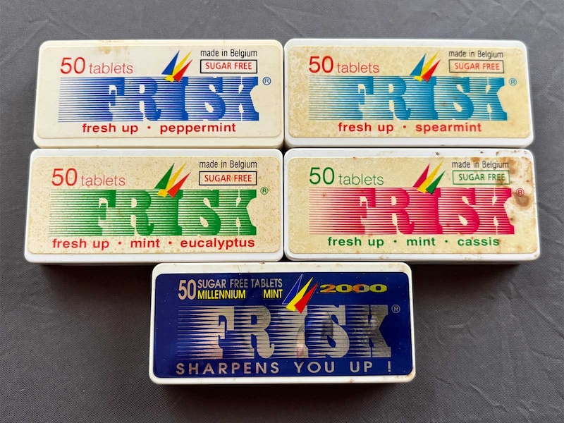 クラシエ「FRISK」懐かしのパッケージ。上4つは1995年頃販売していたレギュラー商品、下は2000年発売のミレニアムミント。