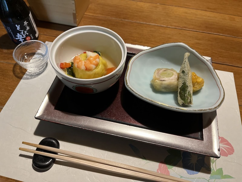 もろこし香ばし揚げと太刀魚の鳴門揚げのネギの、野菜の甘さがたまらない