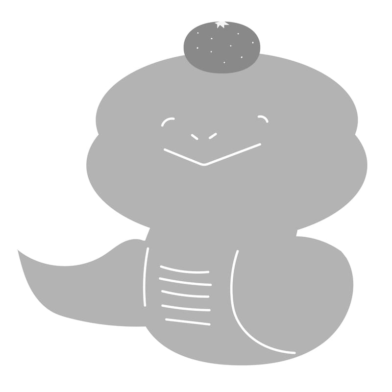 みかんをのせたヘビのイラスト（モノクロ）