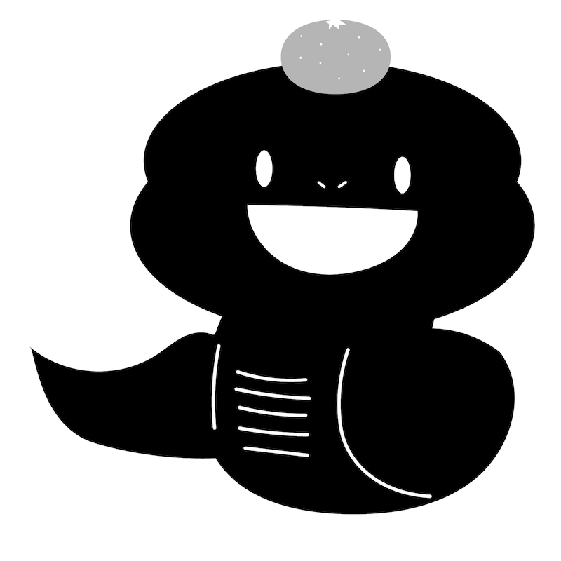 みかんをのせたヘビのイラスト（モノクロ）