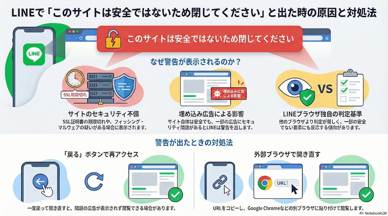 「このサイトは安全ではないため閉じてください」との表示が