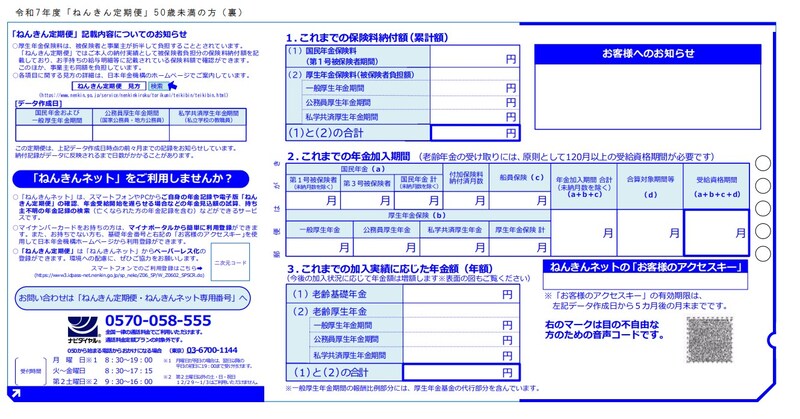 出典：ねんきん定期便（ハガキ）サンプル　50歳未満