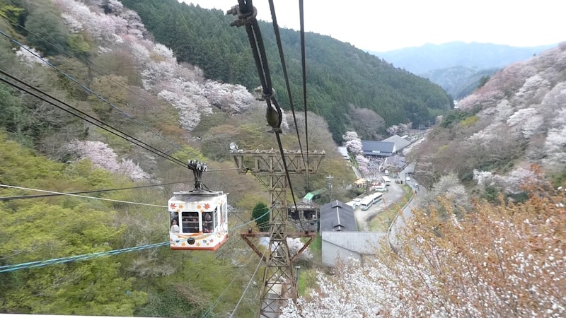 吉野山ロープウェイの車窓/近鉄吉野駅と七曲りを望む