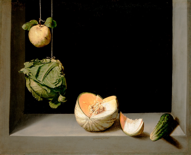 フアン・サンチェス・コターン 《マルメロ、キャベツ、メロンとキュウリのある静物》 1602年頃、 油彩/カンヴァス、 サンディエゴ美術館 © The San Diego Museum of Art