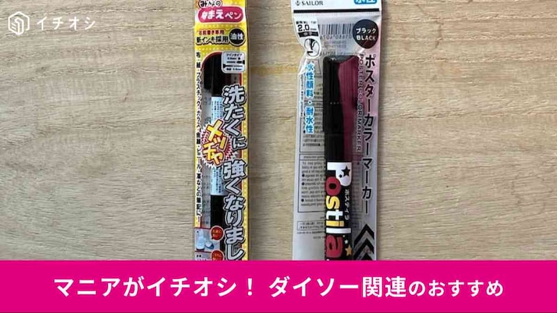 ダイソーの布用染色ペン「みんなのなまえペン」(左)、「62 セーラーポスティラ 黒」(右)