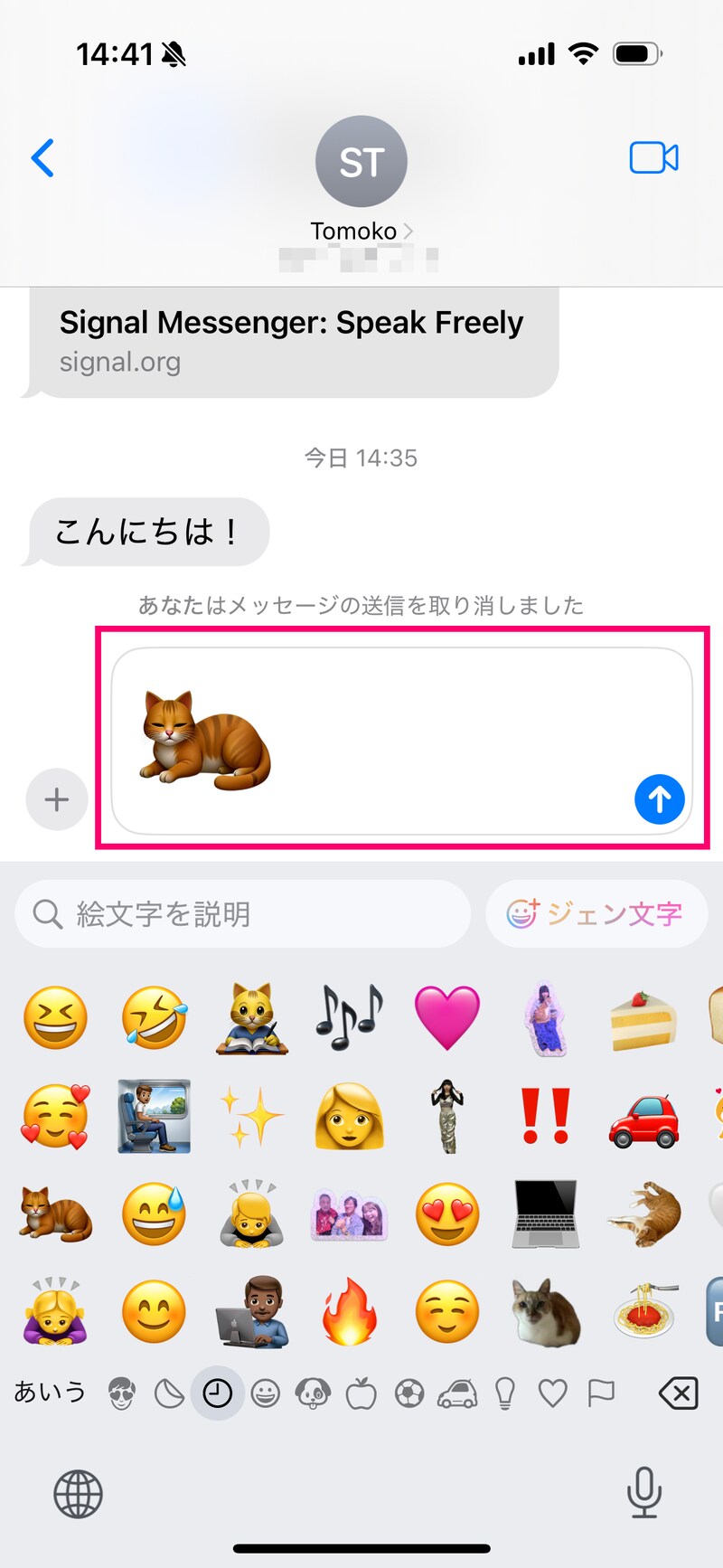 送信欄にジェン文字が入力されています。矢印ボタンで送信できます