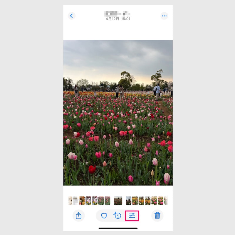 【写真のクリーンアップ】①写真アプリで「写真」を開き、「編集ボタン」をタップします