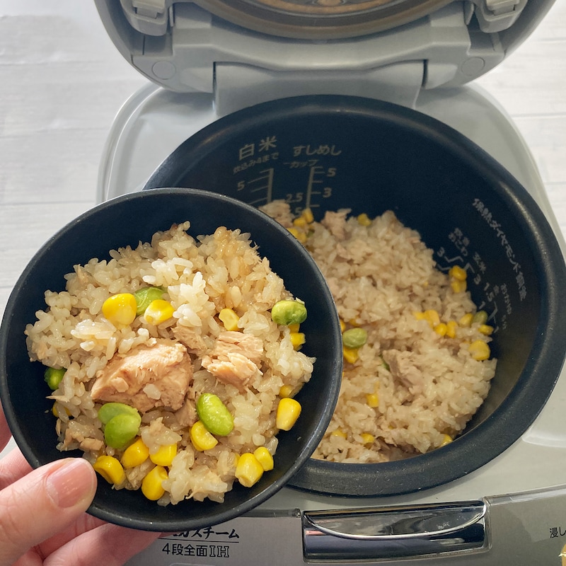 シーチキンとシャキッと!コーンで絶品炊き込みご飯