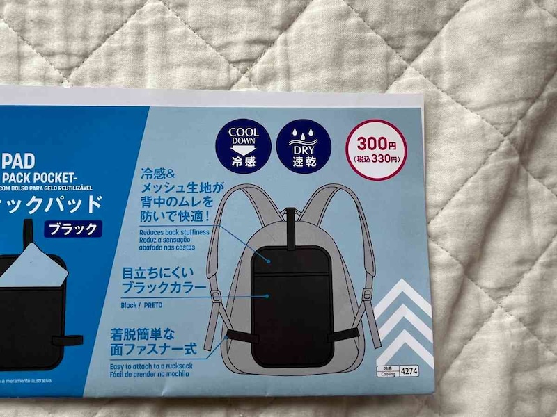 ダイソーの「リュックサックパッド（ブラック、保冷剤ポケット付）」は330円（税込）