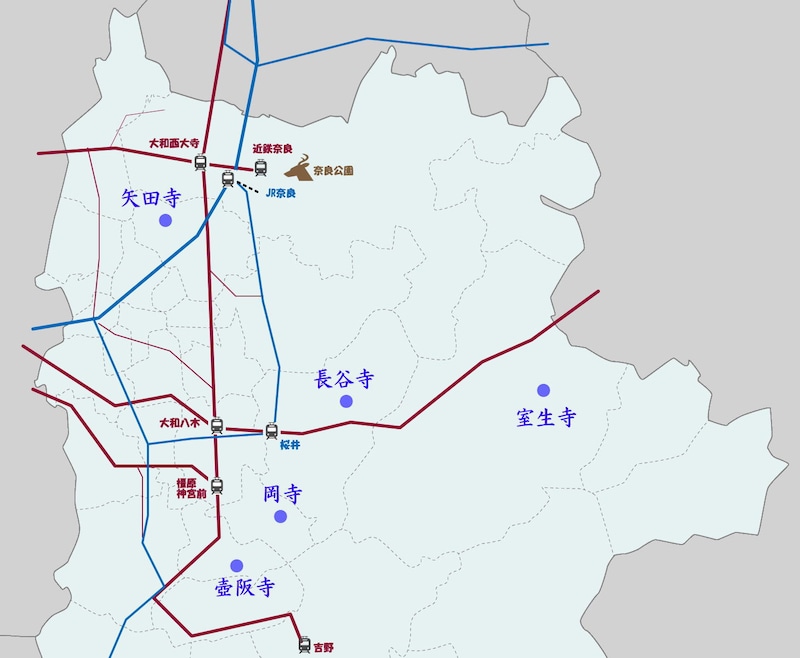 カラフルなあじさいが楽しめる奈良のお寺の位置関係