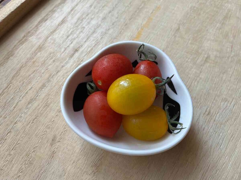 セリアの「ボウルM ころころシマエナガ」にミニトマトを盛り付け