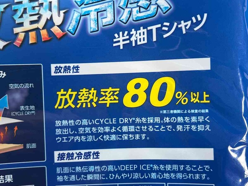 ワークマンの「放熱冷感半袖Tシャツ」の放熱率は80％以上