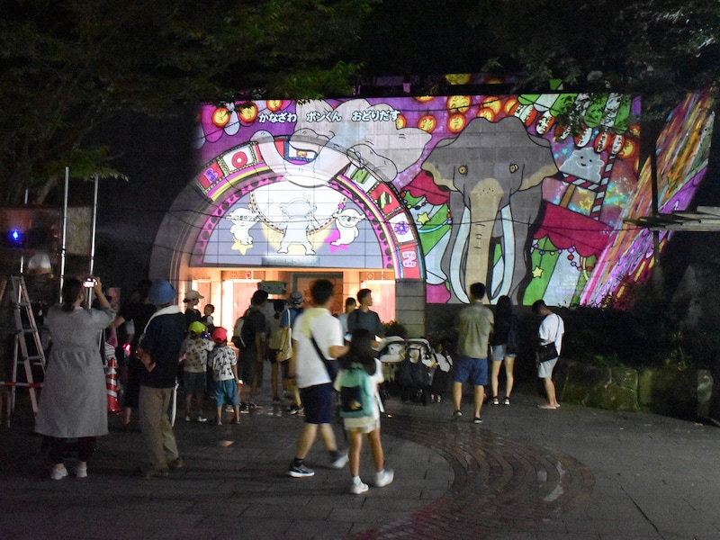 なかよしトンネルの動物園側出入口で上映されるプロジェクションマッピングは毎回人気（提供画像）