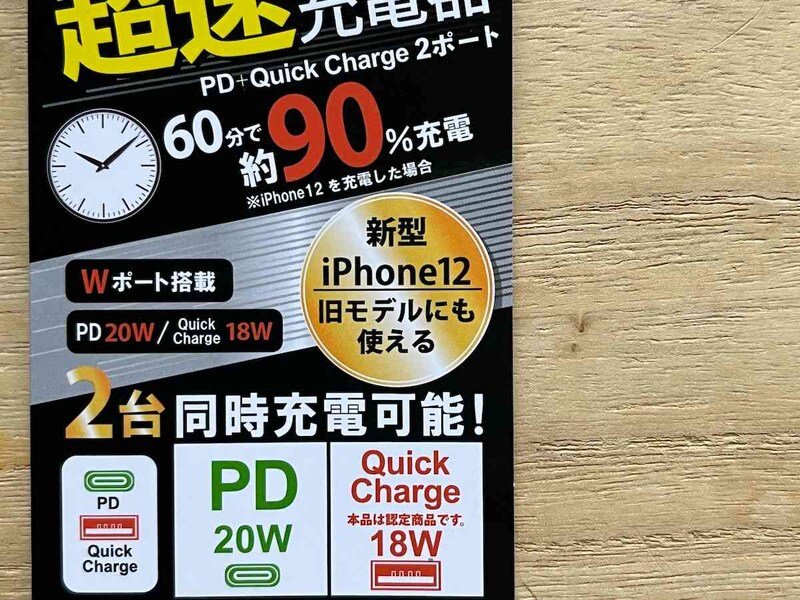 キャンドゥの「超速充電器 2ポート 20W」のパッケージ