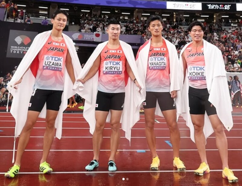 4×100mリレー決勝で走り終えた日本代表※画像：桐生選手のInstagram