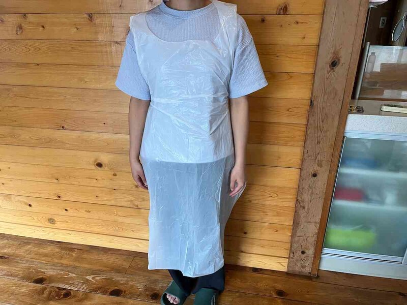 身長155cmの人がキャンドゥの「使い捨てエプロン 10枚」を着用