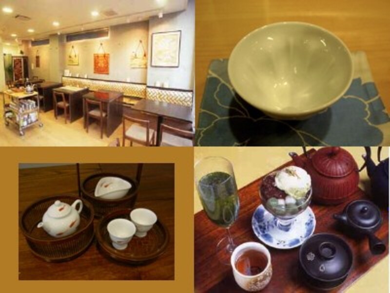茶茶の間の店内と茶器やスイーツ