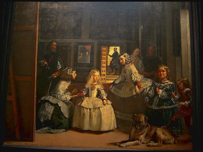 登場人物などを縦に配置したベラスケスが描いた原作。ピカソバージョンには、鳩や当時の妻ジャクリーヌもいます