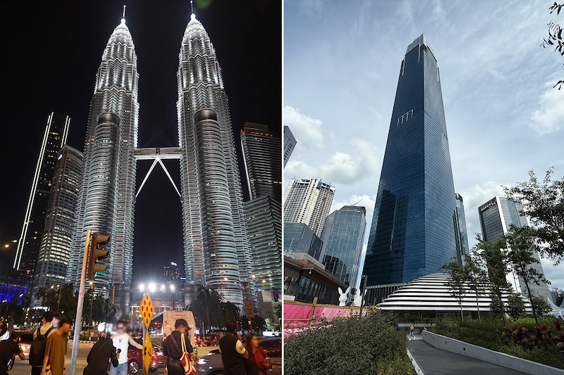 （左）ペトロナスツインタワーの夜景。足元には撮影サービスを行うカメラマンがいる／（右）新商業施設「The&nbsp;Exchange&nbsp;TRX」