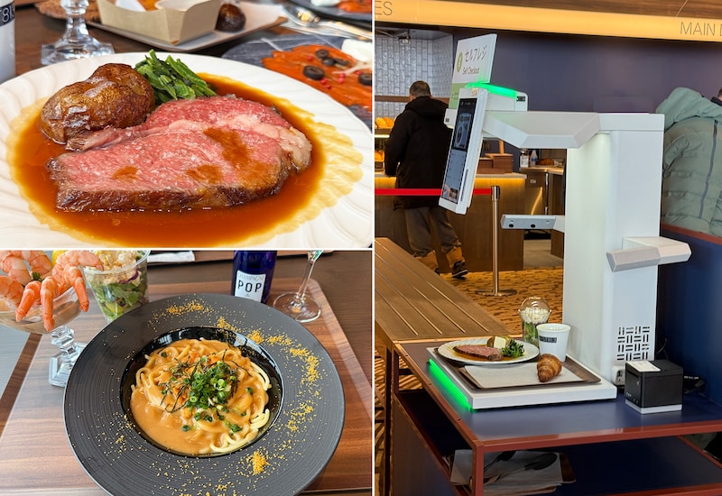 左上「和牛ローストビーフと丸っとじゃがいものグリル」（7500円）／左下「余市産カラスミと雲丹のクリームパスタ」（4700円）など／右セルフレジ「VISION CHECK-OUT」