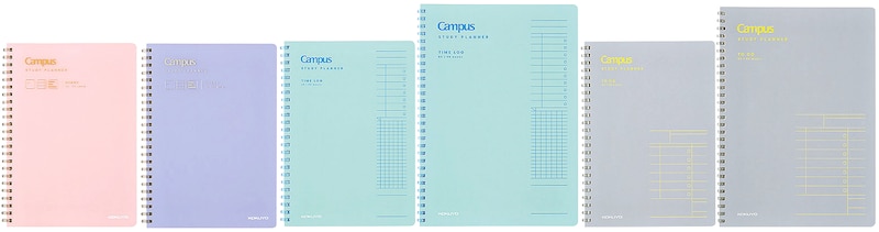 コクヨ「キャンパス スタディプランナー」勢ぞろい。左から「ダイアリー（A5）ピンク」「ダイアリー（A5）パープル」「TIME LOG（タイムログ）（A5）グリーン」「タイムログ（B5）グリーン」「TO DO（A5）グレー」「TO DO（B5）グレー」