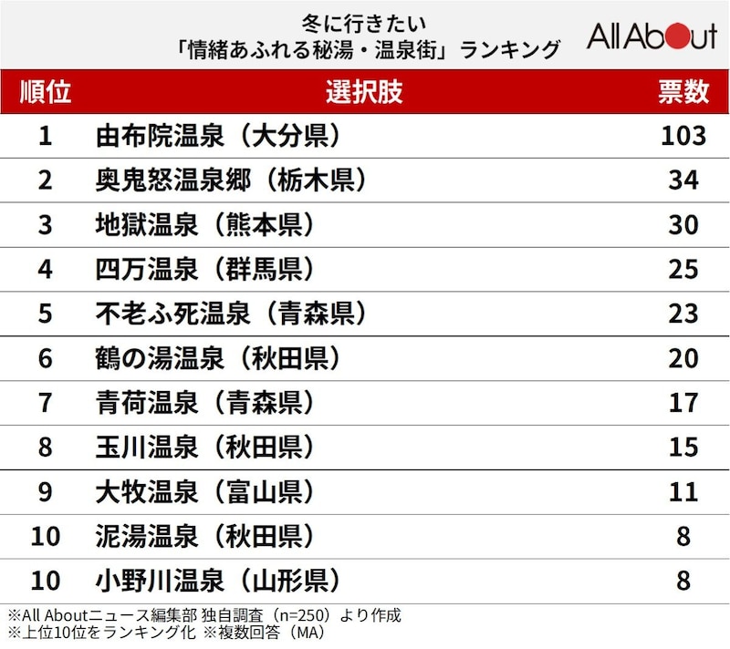 冬に行きたい「情緒あふれる秘湯・温泉街」ランキング
