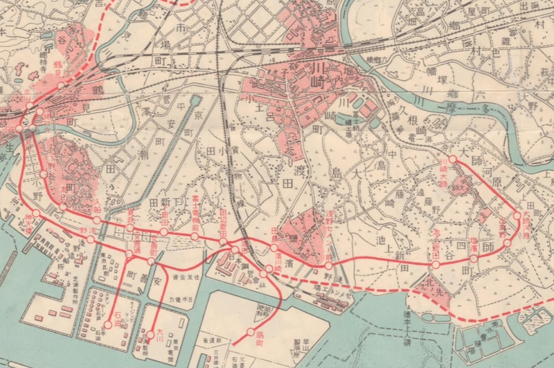 鶴見臨港鉄道本線（現・JR鶴見線）と軌道線（海岸電軌）の路線図。破線は未成線（1931年発行の『鶴見臨港鉄道要覧』より＝提供：東亜建設工業）