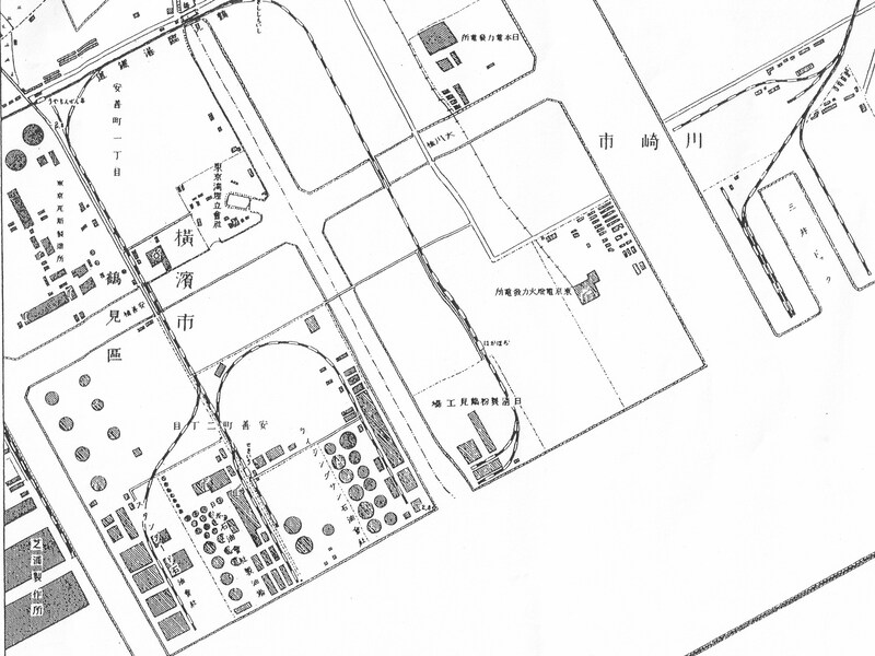 1931（昭和6）年修正測量の「安善町」地形図部分。石油駅の位置に「せきいう」の駅名が見られる（出典：国土地理院）