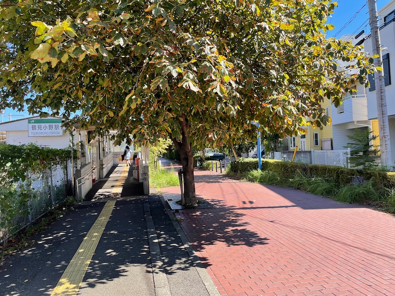 鶴見小野駅西側のレンガ敷きの遊歩道が、鶴見川口支線跡の一部だ（2024年1月筆者撮影）