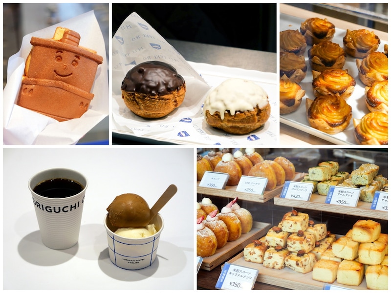 「継承の道」ではワンハンドスイーツなどを販売。上段左から「横濱ハーバースタジアム」「横濱元町 霧笛楼」「ガトー・ド・ボワイヤージュ」、下段左から「HORIGUCHI COFFEE & GELATO」「UNI COFFEE ROASTERY BON BON」