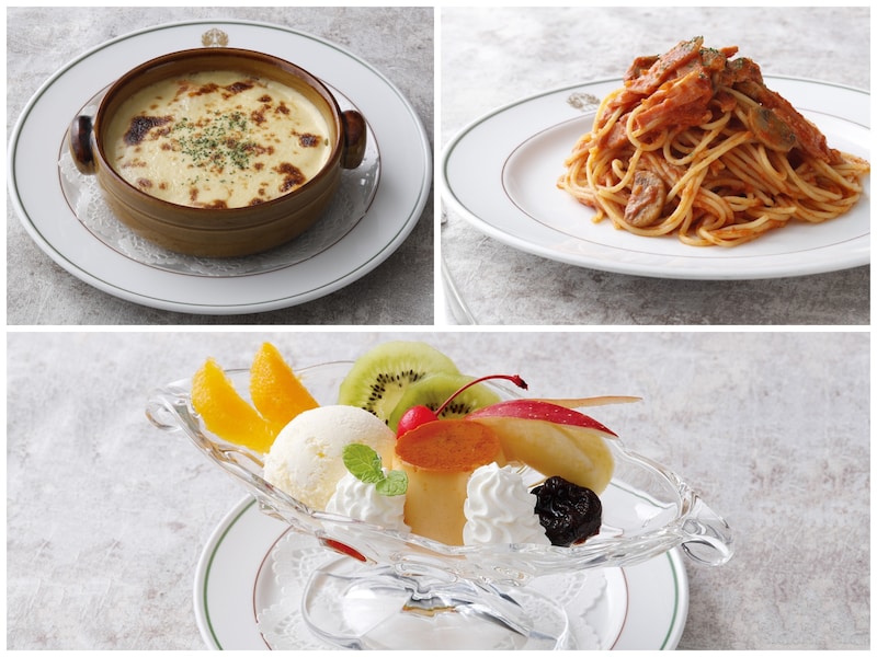 1927年開業のホテルニューグランド発祥とされるメニュー。上左：シーフードドリア（税・サービス料込3289円）、上右：スパゲッティ ナポリタン（税・サービス料込2340円）、下：プリン ア ラ モード（税・サービス料込2024円）（提供画像）