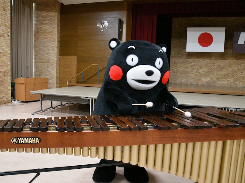 マリンバに心惹かれ、思わず叩いてその音色にうっとりし、だんだん夢中になっていく＝3月11日、熊本市