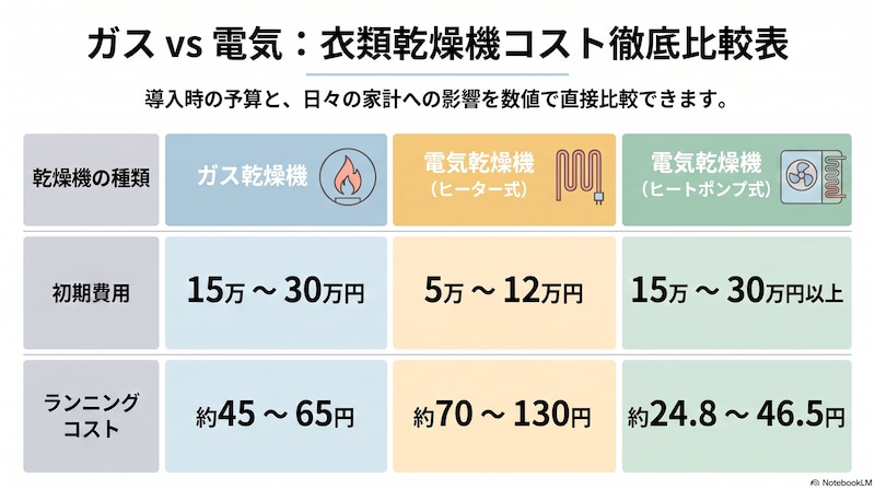 家計の味方はどっち？ 乾燥機コスト徹底比較表 ※画像：All About作成